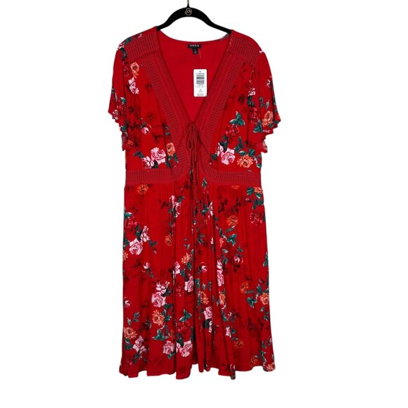 Torrid Red Floral Flutter Sleeve Midi Dress with Pockets Women's Plus Size 1X - Picture 1 of 11